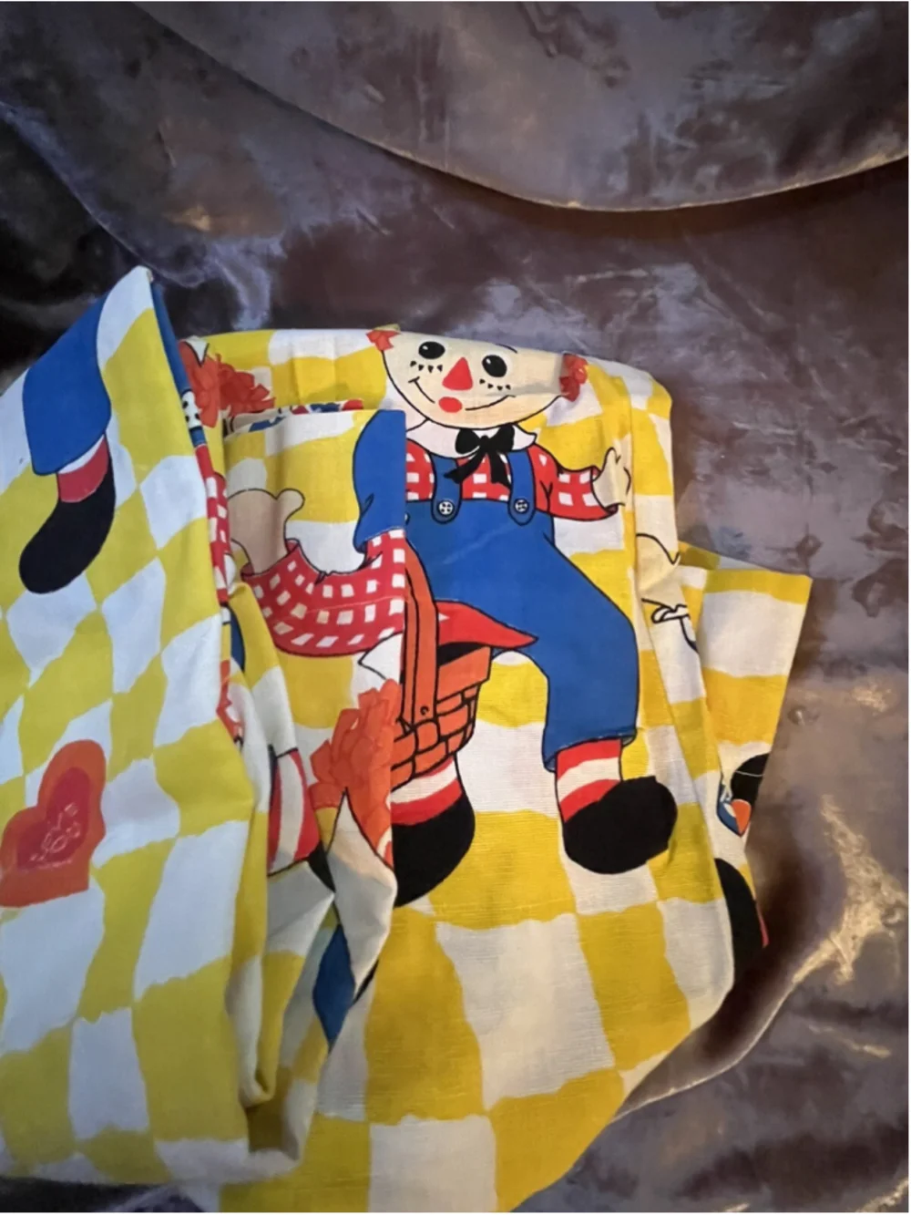 vintage raggedy ann and andy curtain panel pair set yellow checkered SEE PICTURE